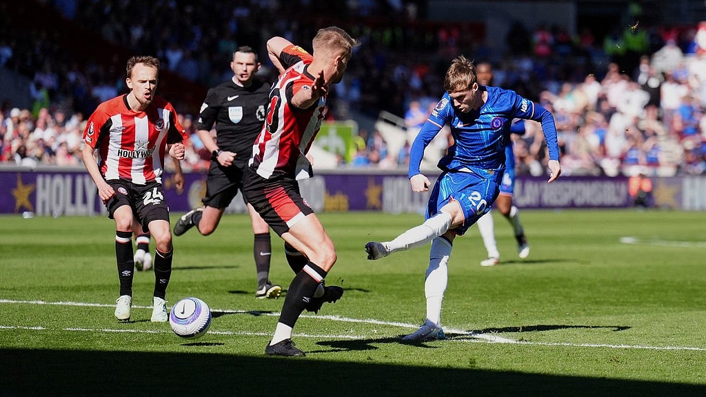 Chelsea's Cole Palmer takes a shot during the English Premier League match against Brentford. - AP
