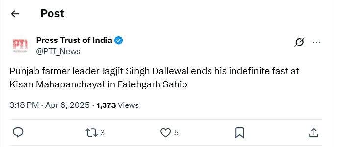 Screengrab of PTI tweet on Dallewal ending fast.