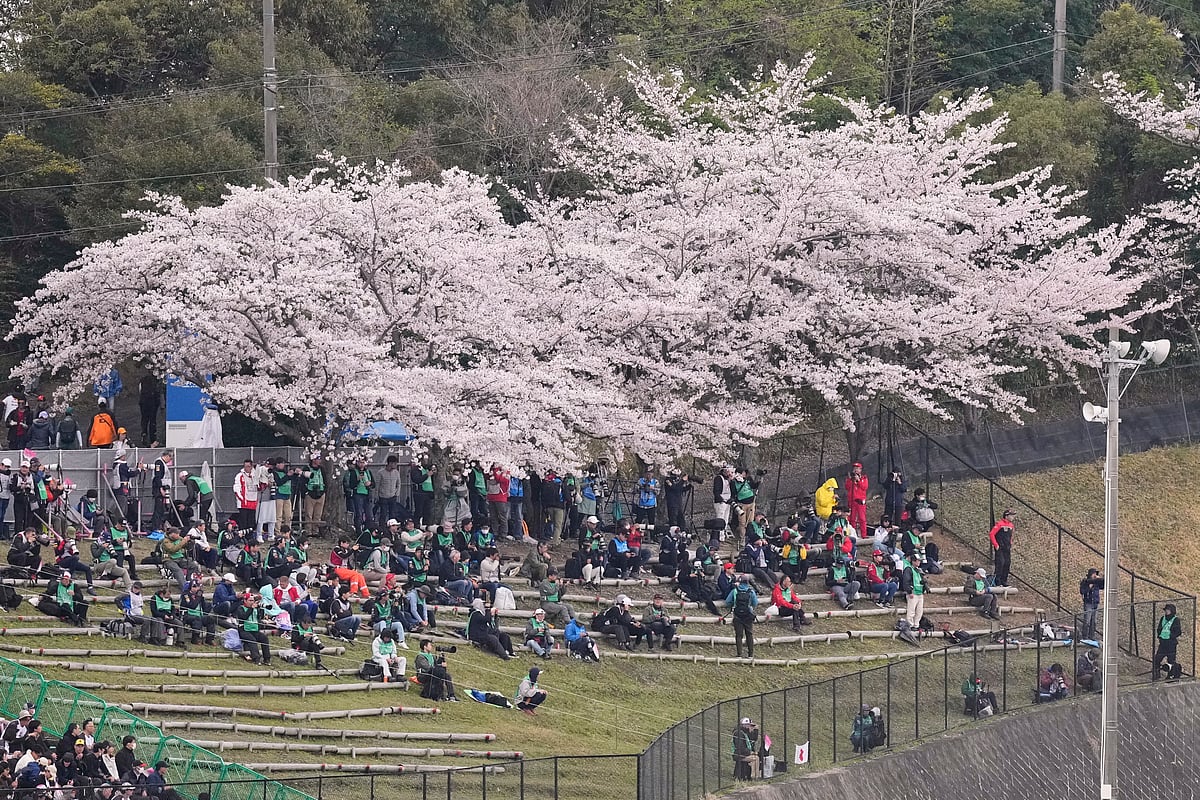 Spectators under the cherry blossoms wait for the Japanese Formula One Grand Prix race at the Suzuka Circuit in Suzuka, central Japan, Sunday, April 6, 2025. 


