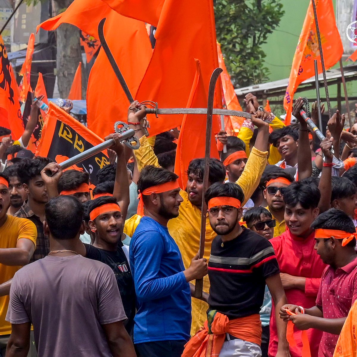 | Image- PTI : People take part in a religious procession on the occasion of Ram Navami, in Malda district, West Bengal, Sunday, April 6, 2025.
