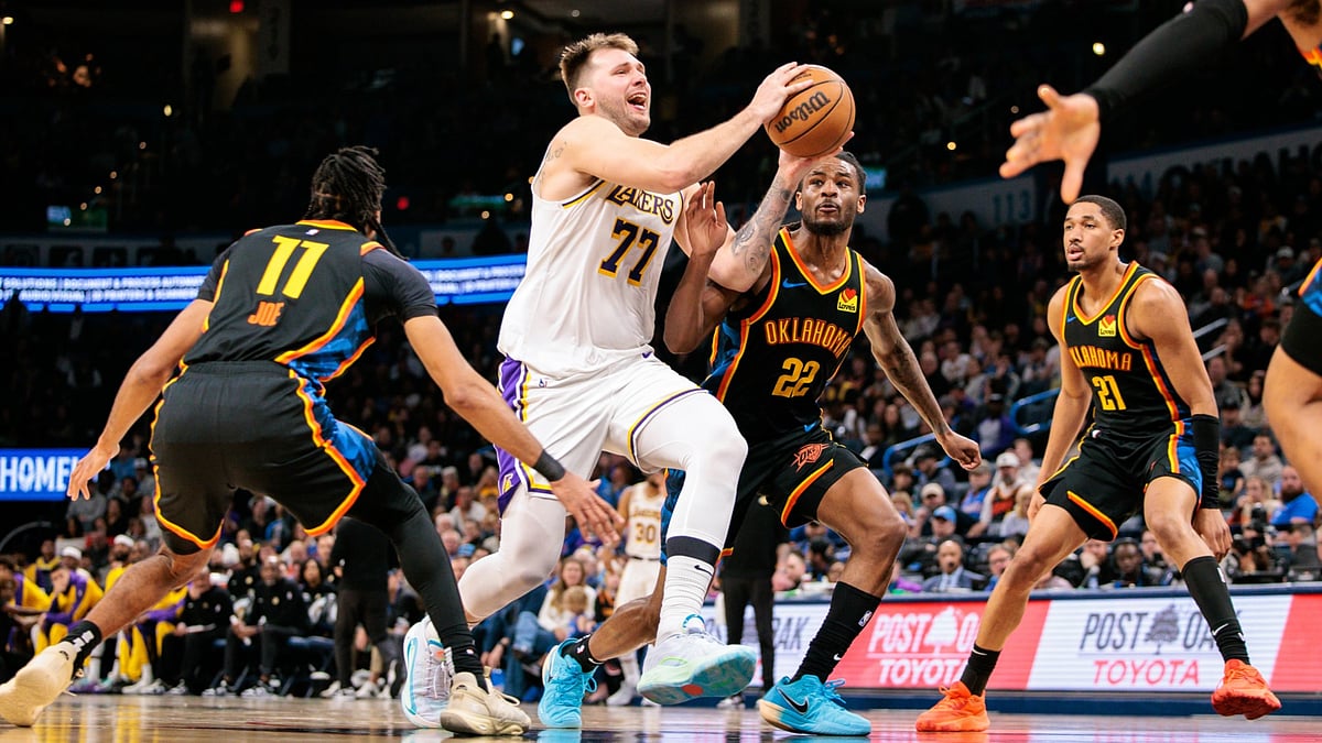 Los Angeles Lakers guard Luka Doncic drives the lane vs. the Oklahoma City Thunder on April 6, 2025.