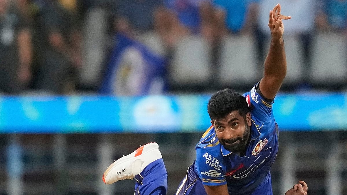 Mumbai Indians' Jasprit Bumrah bowls a delivery during the Indian Premier League cricket match between Mumbai Indians and Royal Challengers Bengaluru at Wankhede Stadium in Mumbai, India, Monday, April 7, 2025. 

 - (AP Photo/Rafiq Maqbool)
