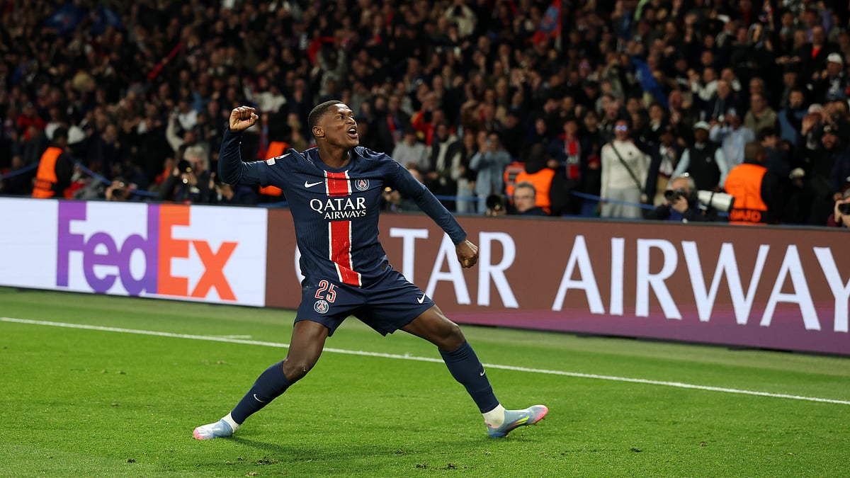 Nuno Mendes celebrates after scoring Paris Saint-Germains third goal