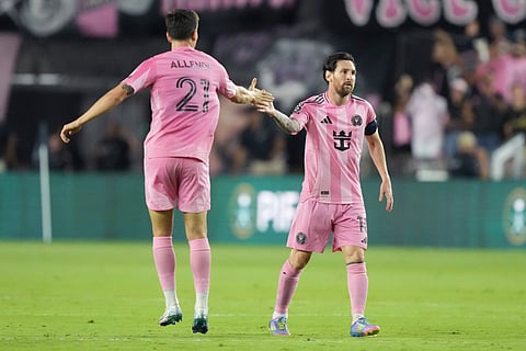 Inter Miami forward Lionel Messi (10) celebrates a goal with forward Tadeo Allende (21) against the Los Angeles FCduring the first half of a CONCACAF Nations League Quarterfinal Match at Chase Stadium, Wednesday, April 9, 2025 in Fort Lauderdale, Fla. (AP Photo/Jim Rassol)


