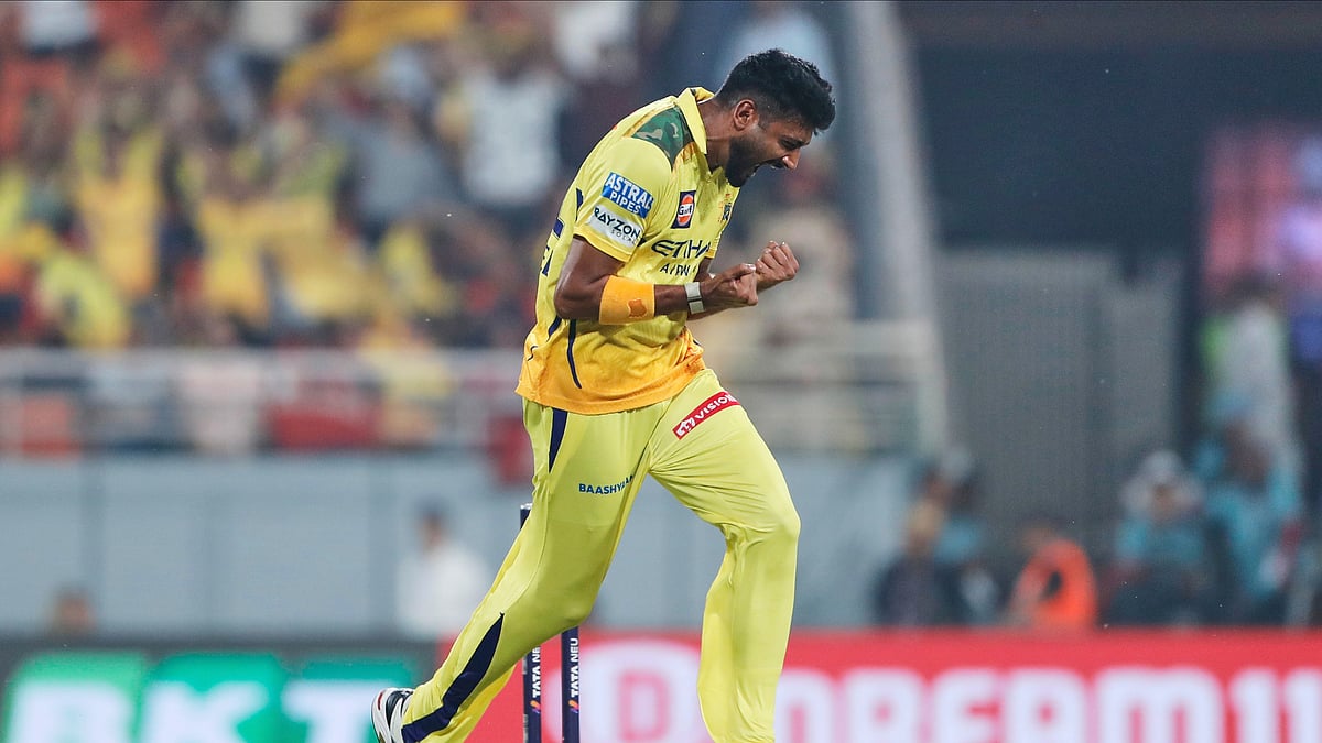 Chennai Super Kings Khaleel Ahmed celebrates the dismissal. AP