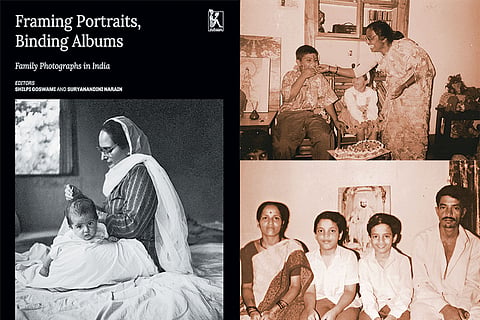 (Left) The book cover of Framing Portraits, Binding Albums; (top right); an image from the series ‘Eat with Great Delight’ by Rajyashri Goody; an image from Ajay Salunkhe’s chapter, ‘My Mother’s Story’