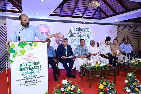 Minister for Industries, Law and Coir, Shri P Rajeeve speaking at the inauguration of the office of Plantation Directorate of the Department of Industries and Commerce in Thiruvananthapuram on Thursday. Also seen are MLAs Shri V K Prasanth and Shri Vazhoor Soman (Peerumedu); Shri S Harikishore, IAS, MD, KSIDC; Shri Mir Mohammed Ali, IAS, Director of Industries and Special Officer (Plantations); Shri Santhosh Koshy Thomas, MD, KINFRA; and Shri K Mathew Abraham, Chairman, United Planters Association of Southern India.