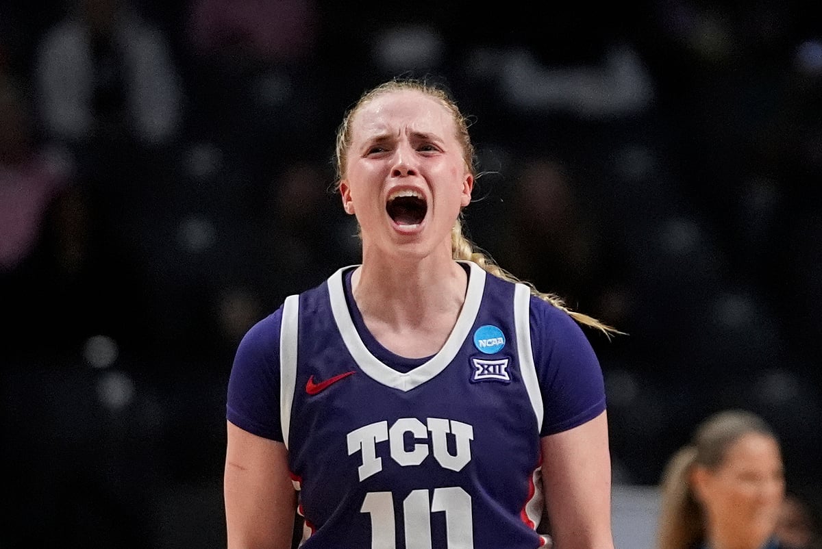 (AP Photo/Gerald Herbert) : TCU guard Hailey Van Lith (10) reacts after making a 3-point basket to close out the first half against Texas in the Elite Eight of the NCAA college basketball tournament, Monday, March 31, 2025. in Birmingham, Ala.