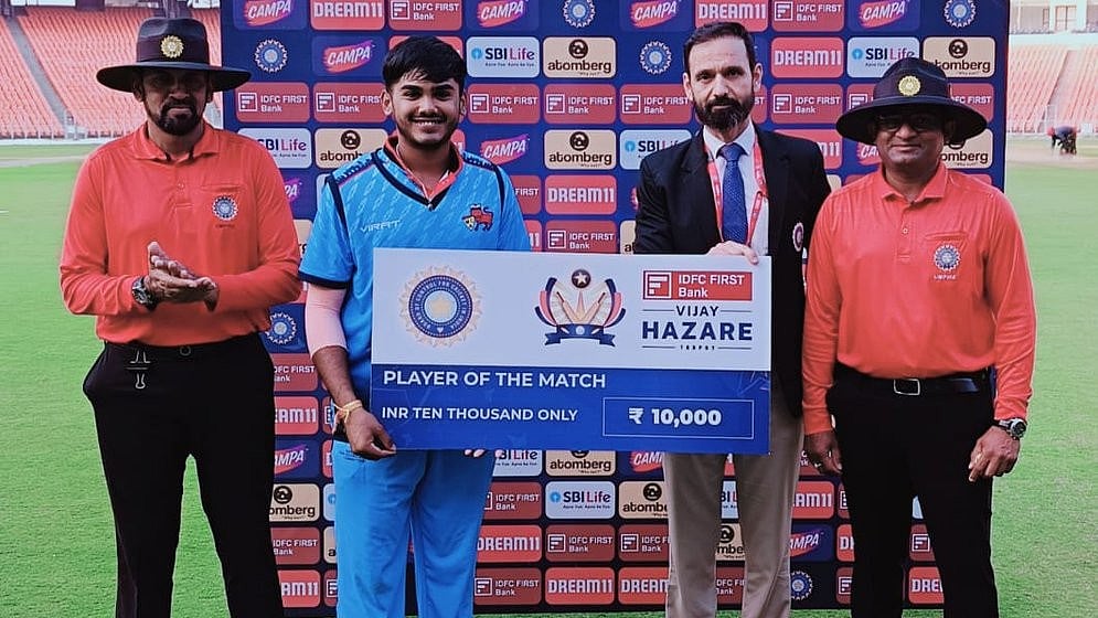 X/BCCI Domestic : Mumbai opener Ayush Mhatre being felicitated during the Vijay Hazare Trophy.
