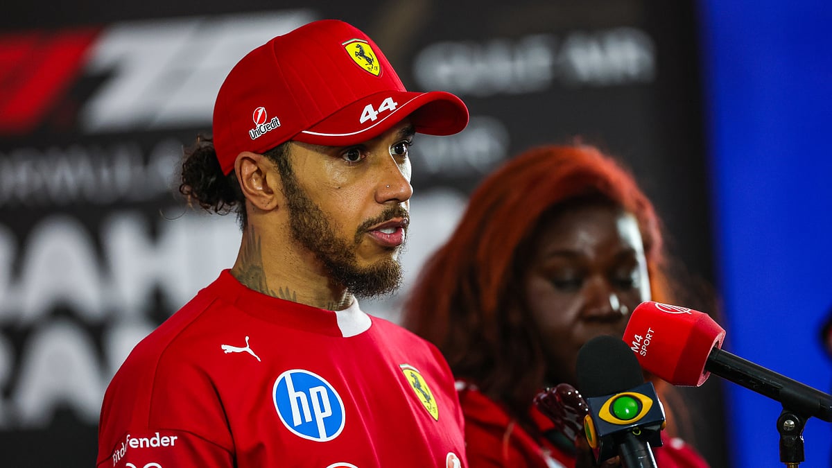 File : Lewis Hamilton speaking to reporters in Bahrain.