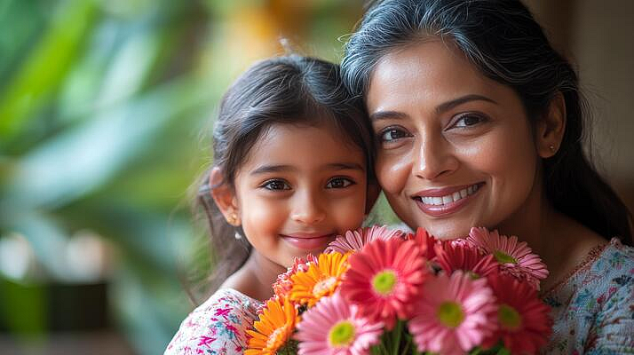A mother and child holding flowers