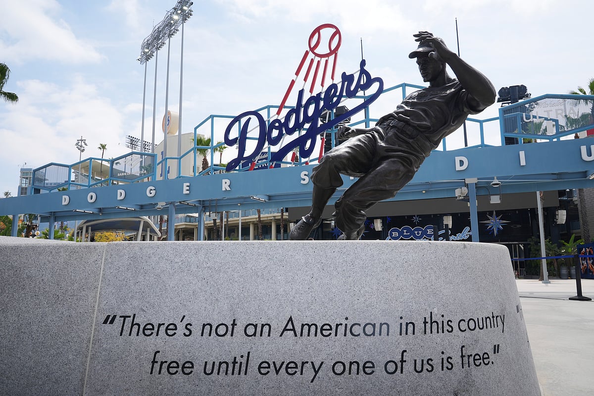 Jackie Robinson statue at Los Angeles Dodger Stadium April 15 2025 AP Photo
