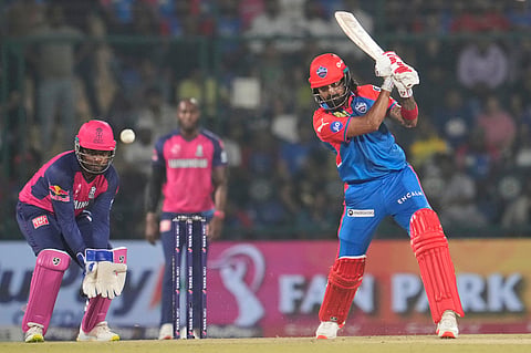 Delhi Capitals' KL Rahul plays a shot during the Indian Premier League cricket match between Delhi Capitals and Rajasthan Royals in Arun Jaitley stadium in New Delhi, India, Wednesday, April 16, 2025.