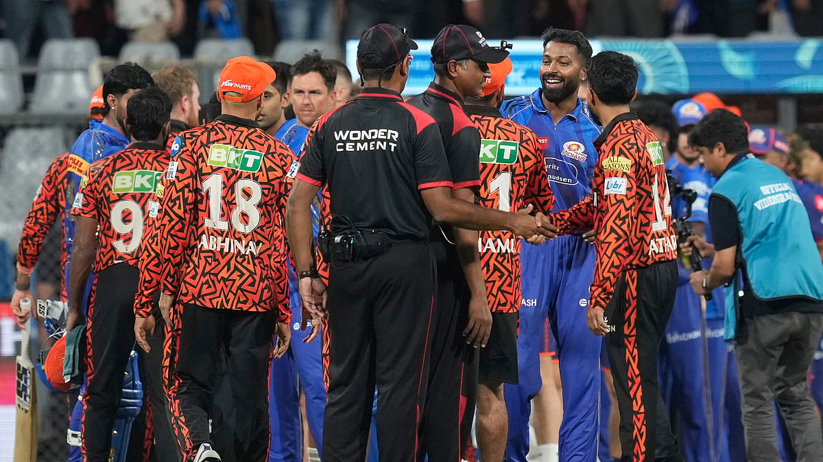 AP Photo/Rajanish Kakade : Mumbai Indians' captain Hardik Pandya, second right facing camera, celebrates with teammates after their win in the Indian Premier League cricket match against Sunrisers Hyderabad at Wankhede Stadium in Mumbai.