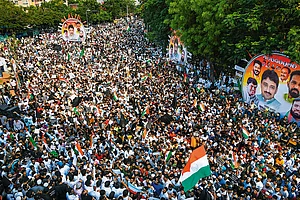 Photo: PTI : Many Questions: A crowd gathers near B.R. Ambedkar’s statue in Hyderabad, Telangana, to protest against the Waqf (Amendment) Act