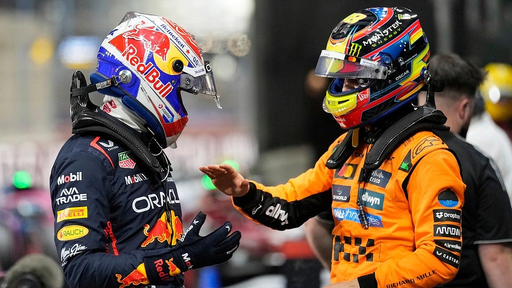 Photo: AP : Red Bull driver Max Verstappen with McLaren's Oscar Piastri after the qualifying session ahead of the Formula One Saudi Arabian Grand Prix.