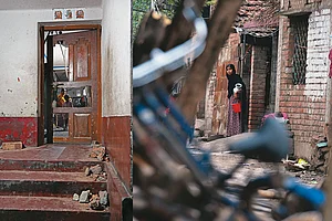 | Photo: Sandipan Chatterjee : Shaken and Scarred: (Left) House of Haro Gobinda and Chandas at Jafrabad village in Dhulian;
(Right) A resident of Dighori Eidgaon village in Dhulian
