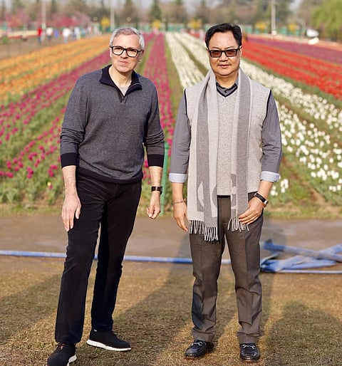 J&K Chief Minister Omar Abdullah posing with Kiren Rijiju in the Tulip Garden