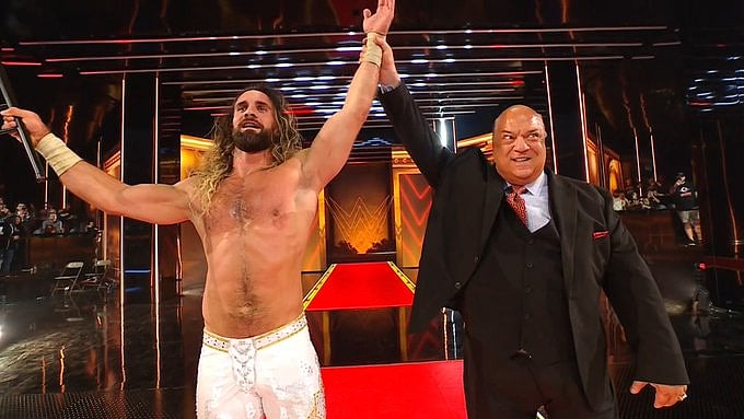 Seth Rollins with Paul Heyman after winning WrestleMania 41 first night main event.