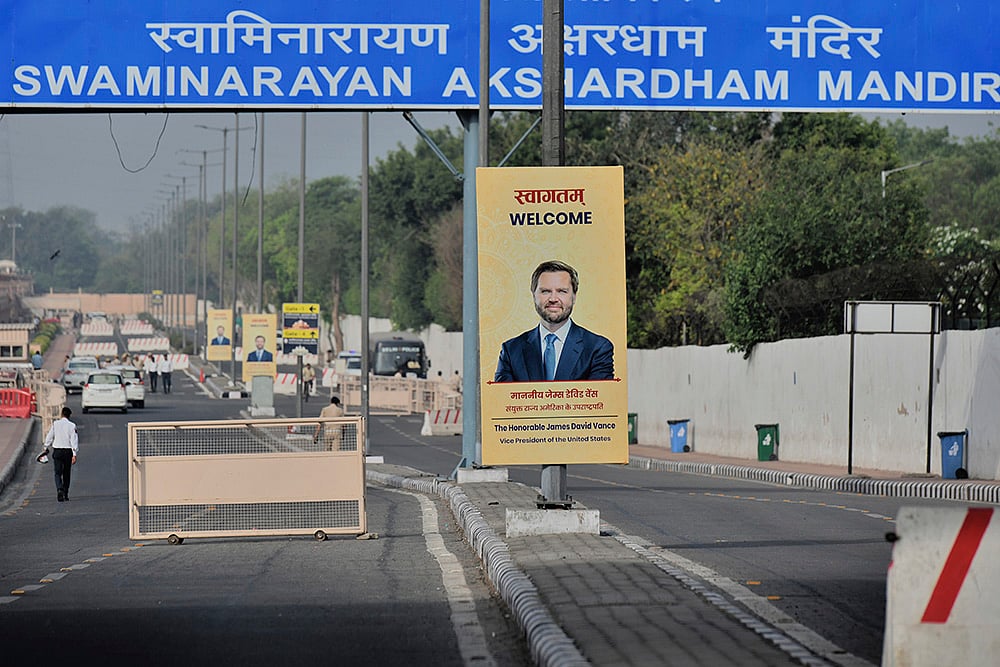 A banner welcoming U.S. Vice President JD Vance