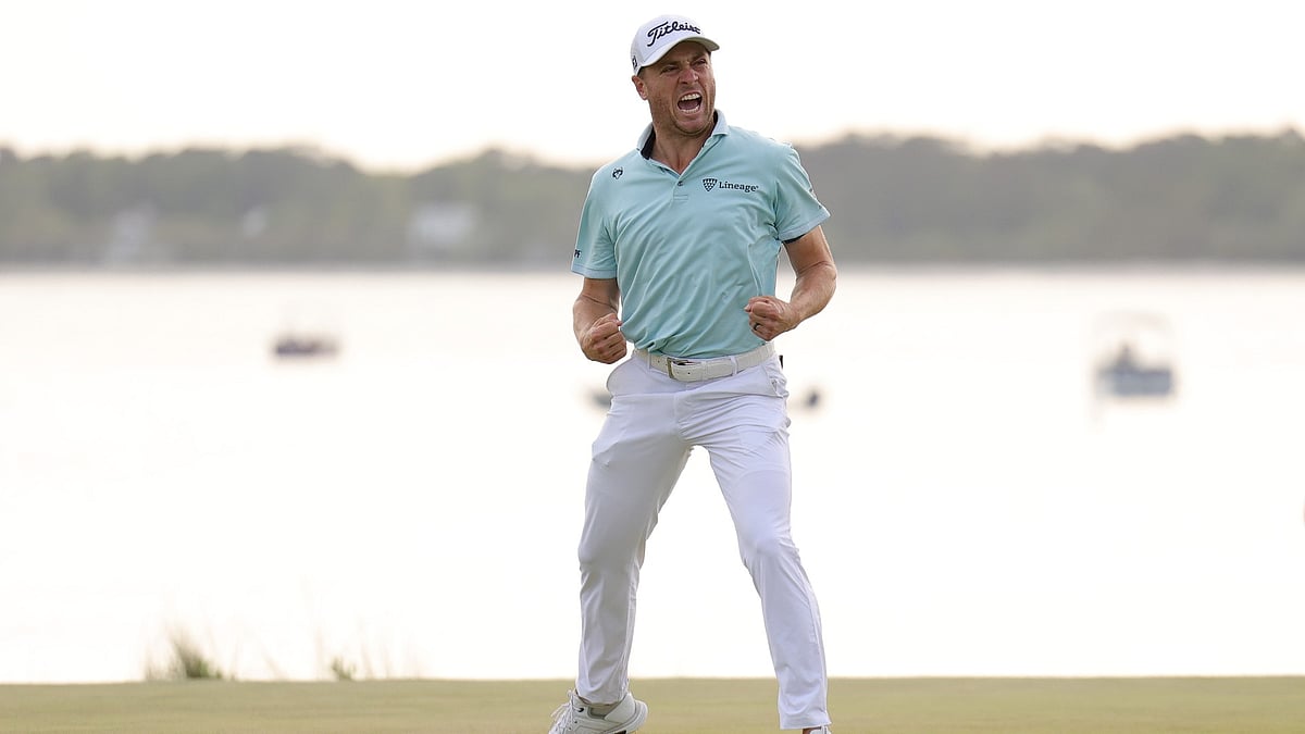 Justin Thomas celebrates his RBC Heritage play-off victory.