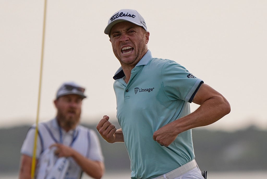 AP/Mike Stewart : Justin Thomas celebrates after winning the RBC Heritage golf tournament, Sunday, April 20, 2025, in Hilton Head Island, S.C.