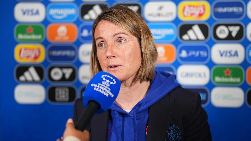 Sonia Bompastor speaks to the media after Chelseas 4-1 first-leg loss to Barcelona.