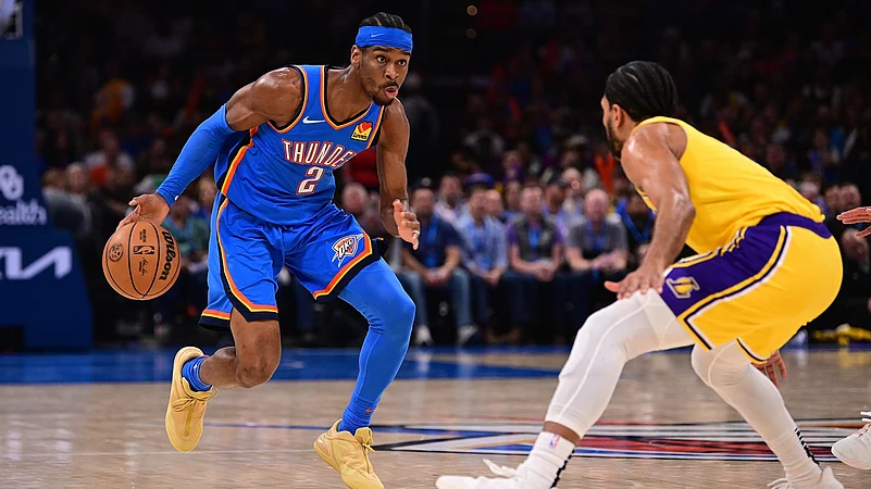 Oklahoma City Thunder guard Shai Gilgeous-Alexander dribbles