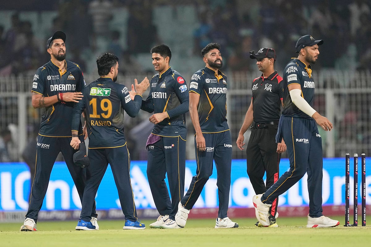 Gujarat Titans players celebrates after won against Kolkata Knight Riders during the Indian Premier League cricket match at Eden Gardens in Kolkata, India, Monday, April 21, 2025.  - (AP Photo/Bikas Das)