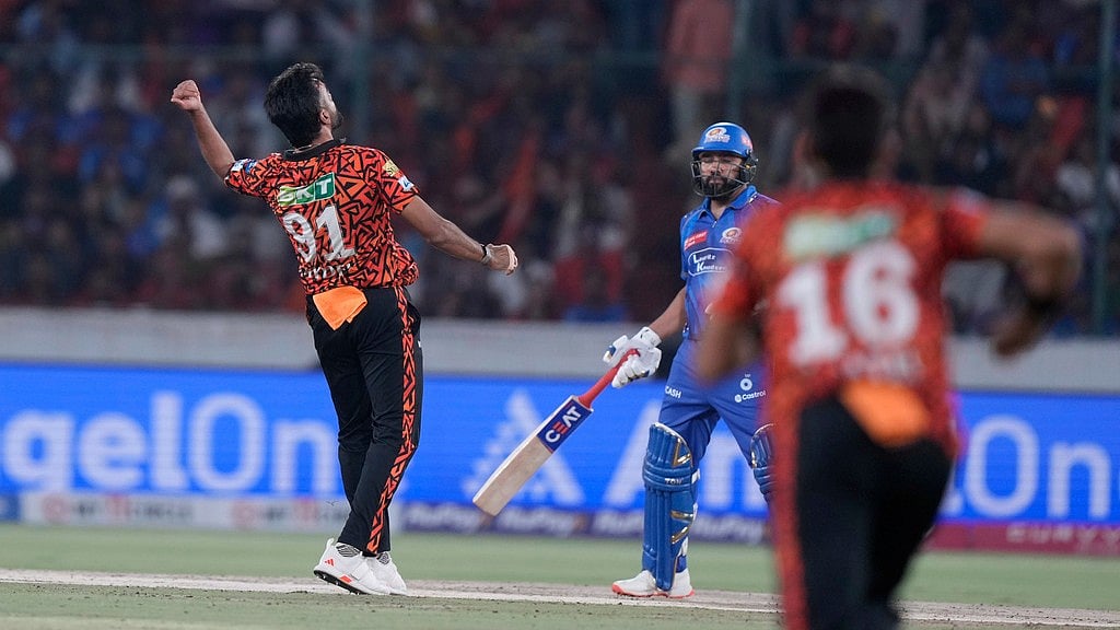 AP : Sunrisers Hyderabad's Jaydev Unadkat, left, celebrates the dismissal of Mumbai Indians' Ryan Rickelton during the Indian Premier League cricket match between Sunrisers Hyderabad and Mumbai Indians.