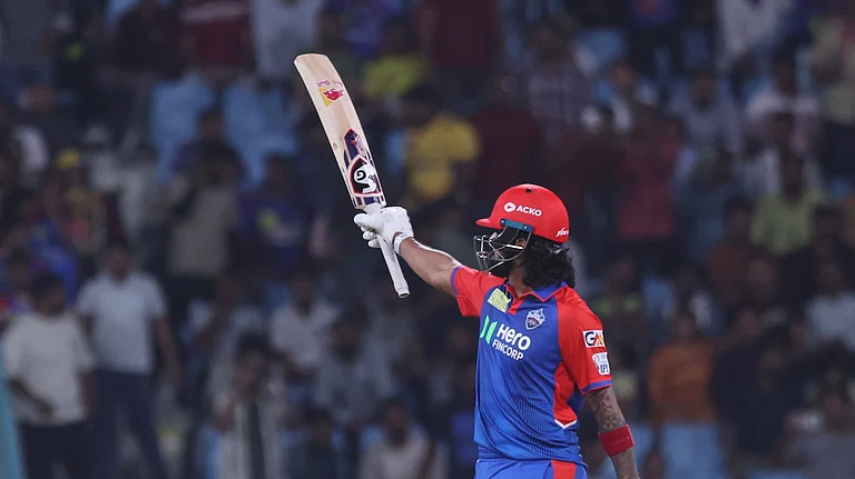 Delhi Capitals' KL Rahul celebrates after scoring fifty runs during the Indian Premier League cricket match between Lucknow Super Giants and Delhi Capitals at Atal Bihari Vajpayee Ekana Cricket Stadium in Lucknow. - AP Photo