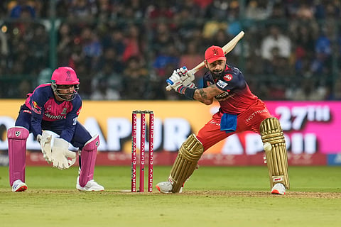 Royal Challengers Bengaluru's Virat Kohli plays a shot during the Indian Premier League cricket match between Royal Challengers Bengaluru and Rajasthan Royals at Chinnaswamy Stadium in Bengaluru, India, Thursday, April 24, 2025. 
