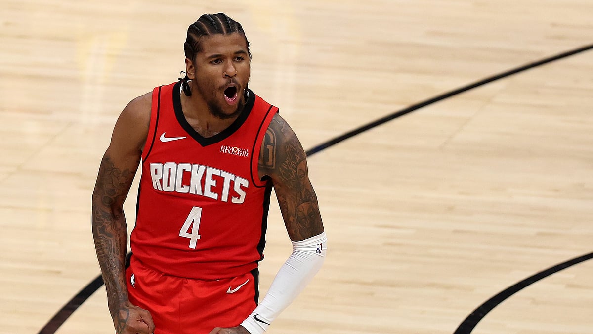 Jalen Green #4 of the Houston Rockets reacts against the Golden State Warriors during the fourth quarter in Game Two of the Western Conference First Round NBA Playoffs at Toyota Center on April 23, 2025 in Houston, Texas.