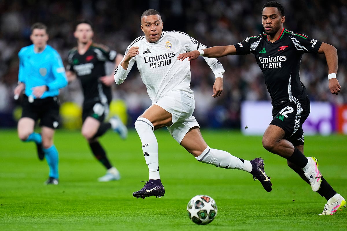 Kylian Mbappe Jurrien Timber Real Madrid vs Arsenal UEFA Champions League 2024-25 AP File Photo