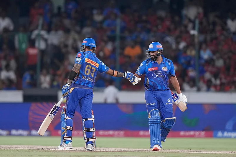 Mumbai Indians Rohit Sharma and Suryakumar Yadav greet each other