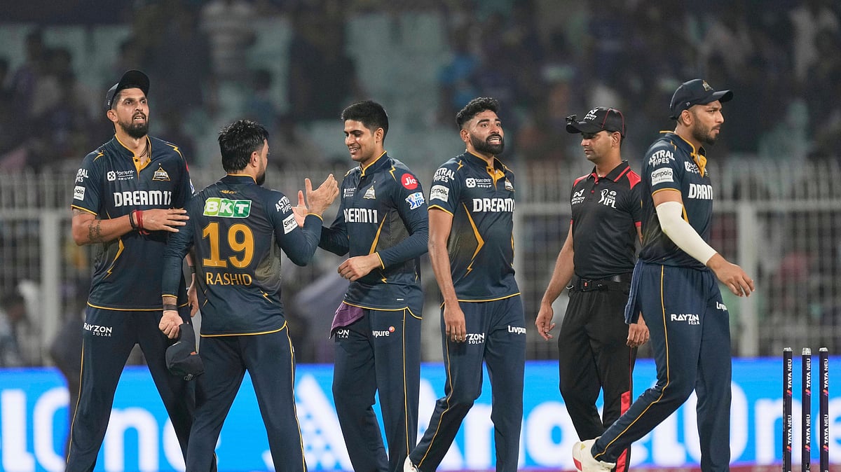 File : Gujarat Titans players celebrates after won against Kolkata Knight Riders during the Indian Premier League cricket match at Eden Gardens in Kolkata, India, Monday, April 21, 2025. 