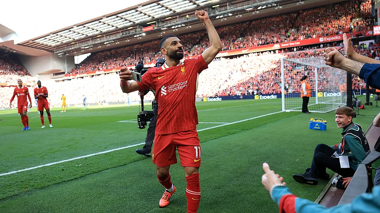 Mohamed Salah takes a selfie after scoring Liverpool's fourth goal - null