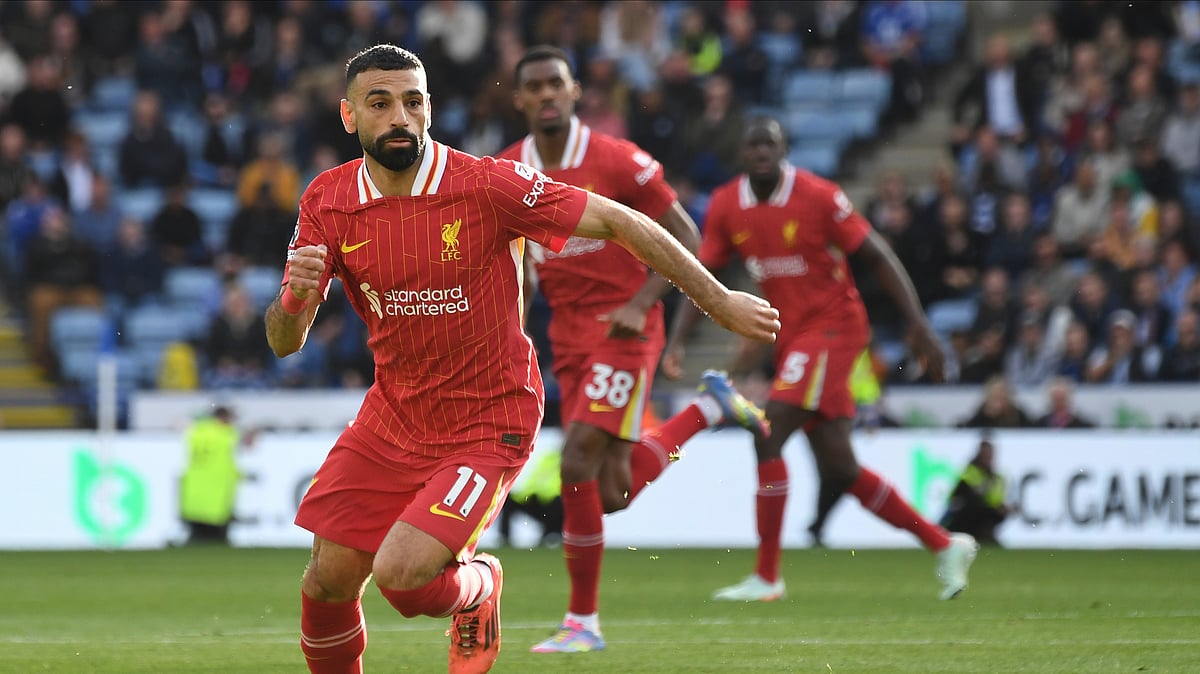 Liverpool's Mohamed Salah in action during the English Premier League soccer match between Leicester City and Liverpool at King Power stadium in Leicester, England, Sunday, April 20, 2025.

 -  (AP Photo/Rui Vieira)