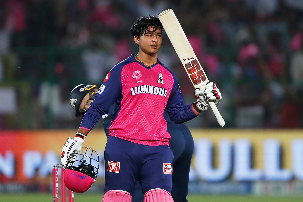 Rajasthan Royals' Vaibhav Suryavanshi celebrates after scoring a century during the Indian Premier League cricket match between Rajasthan Royals and Gujarat Titans at Sawai Mansingh Stadium in Jaipur, India, Monday, April 28, 2025. - (AP Photo/Surjeet Yadav)