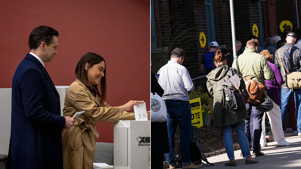 Canadians line up for casting their votes in the federal elections to choose a Prime Minister (R); Conservative Party leader Pierre Poilievre and his wife cast their vote (L) - Getty Images