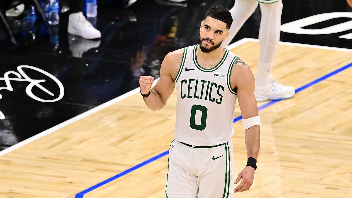 Jayson Tatum celebrates the Boston Celtics' win over the Orlando Magic