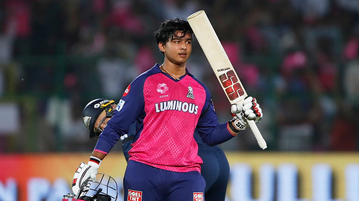 AP Photo/Surjeet Yadav : Rajasthan Royals' Vaibhav Suryavanshi celebrates after scoring a century during the Indian Premier League cricket match in Jaipur.
