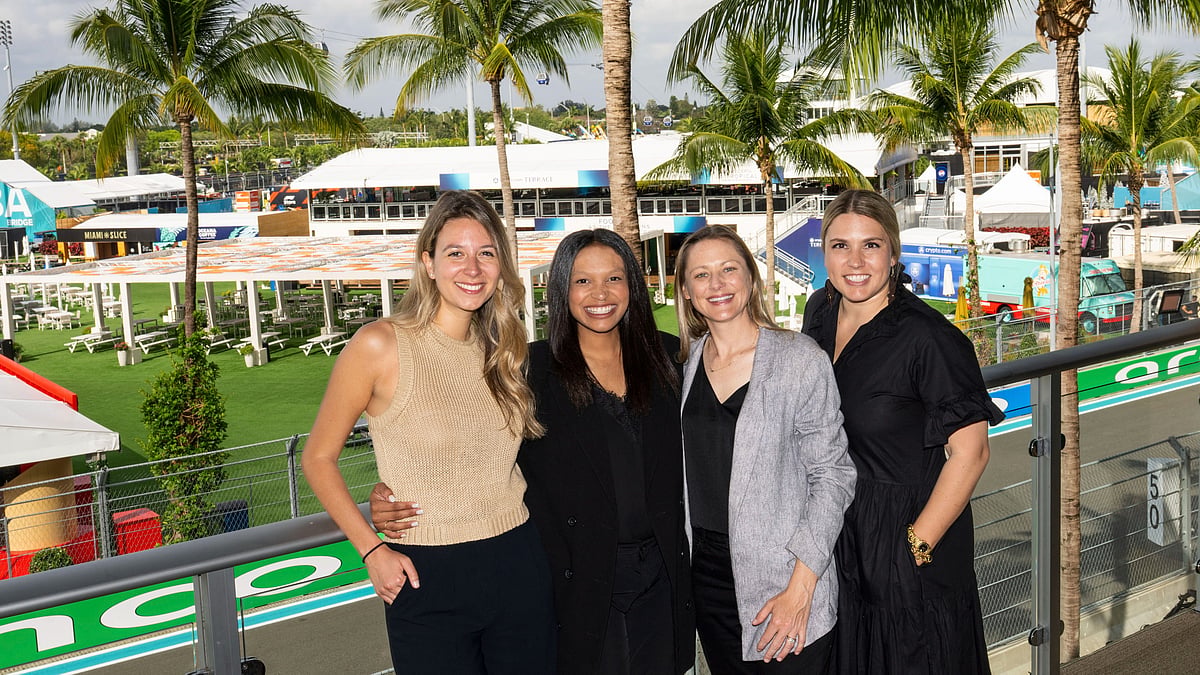 Peter McMahon/Hard Rock Stadium via AP : In this image provided by Hard Rock Stadium, from left, Katharina Nowak, Sydney McClain, Natalie Clark and Melanie Cabassol pose, Tuesday, April 29, 2025, Miami International Autodrome in Miami Gardens, Fla.