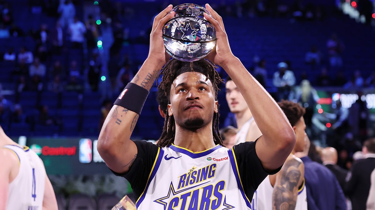 Stephon Castle #5 of the San Antonio Spurs and Team C celebrates after winning the NBA Rising Stars MVP during the 2025 NBA All-Star Rising Stars Game at Chase Center on February 14, 2025 in San Francisco, California. - null