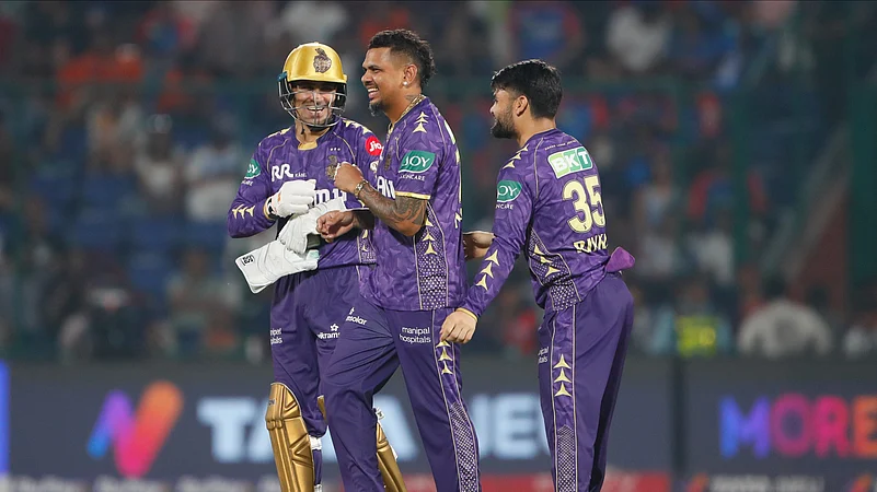 Kolkata Knight Riders Sunil Narine, centre, celebrates. AP