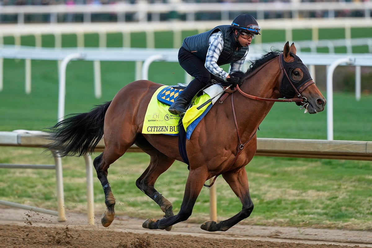  (AP Photo/Charlie Riedel) : Kentucky Derby entrant Citizen Bull works out at Churchill Downs Monday, April 28, 2025, in Louisville, Ky.