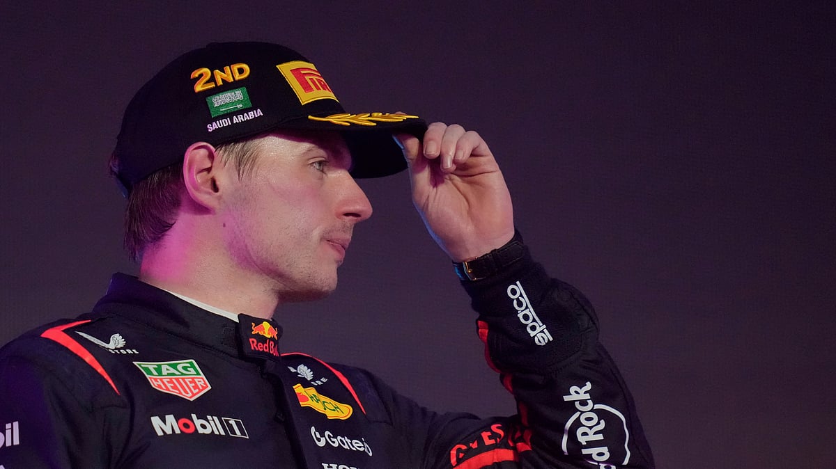 (AP Photo/Darko Bandic)

 : Second placed Red Bull driver Max Verstappen of the Netherlands gestures on the podium during the Formula One Saudi Arabian Grand Prix at the Jeddah Corniche Circuit in Jeddah, Saudi Arabia, Sunday, April 20, 2025. 