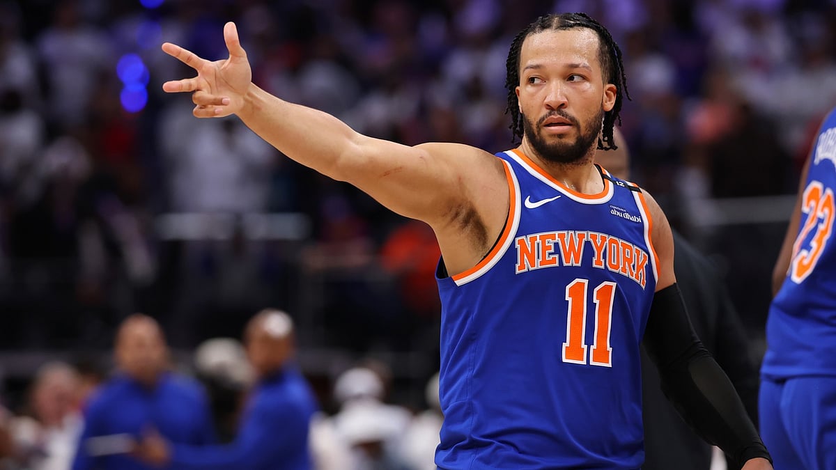 Jalen Brunson celebrates after hitting a tie-breaking 3-pointer to send the New York Knicks to a win over the Detroit Pistons and into the Eastern Conference semi-finals.