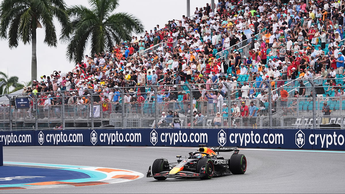  (AP Photo/Rebecca Blackwell)
 : Red Bull driver Max Verstappen of the Netherlands steers his car during the Sprint race at the Formula One Miami Grand Prix auto race, Saturday, May 3, 2025, in Miami Gardens, Fla.

