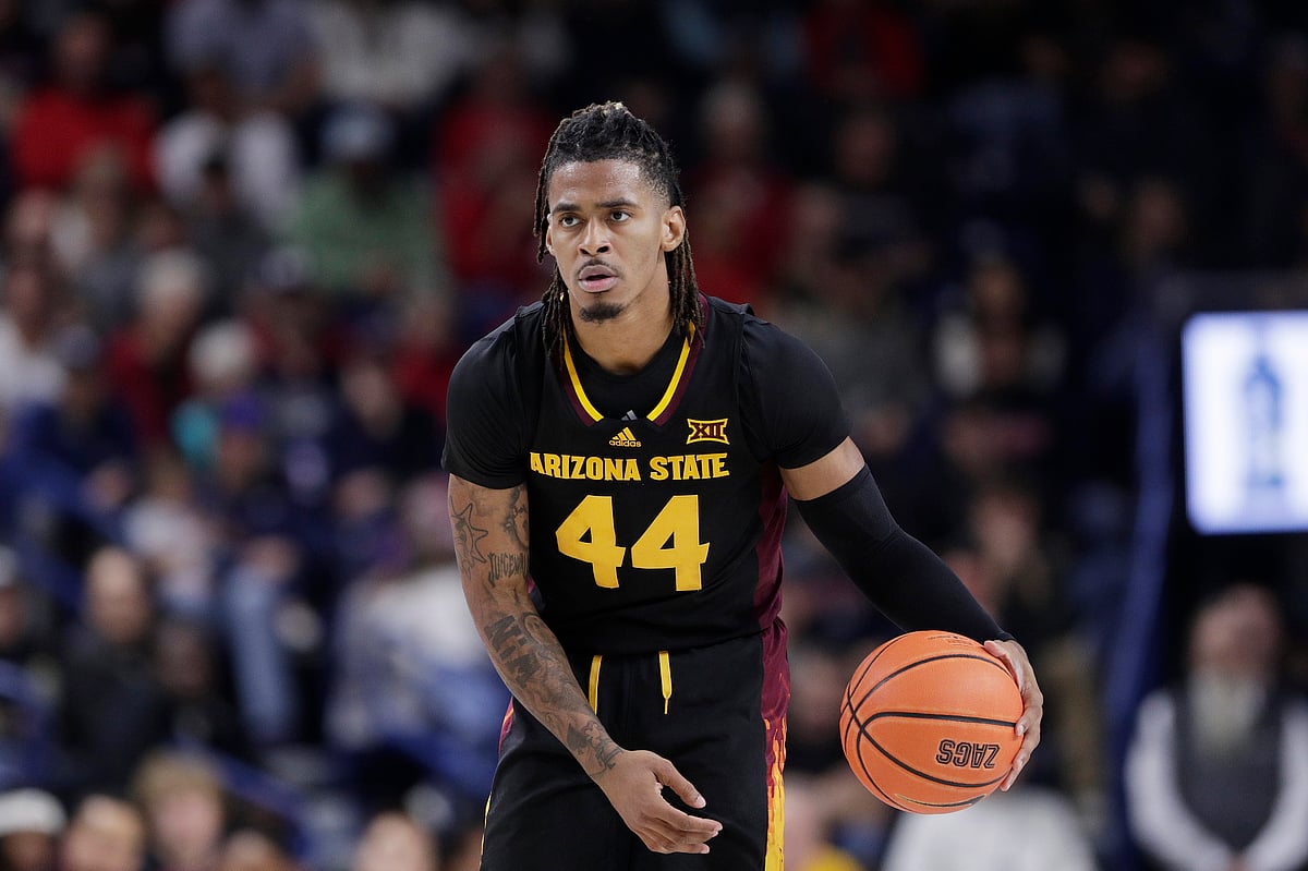 (AP Photo/Young Kwak, File) : FILE - Arizona State guard Adam Miller (44) controls the ball during the first half of an NCAA college basketball game against Gonzaga, Nov. 10, 2024, in Spokane, Wash.